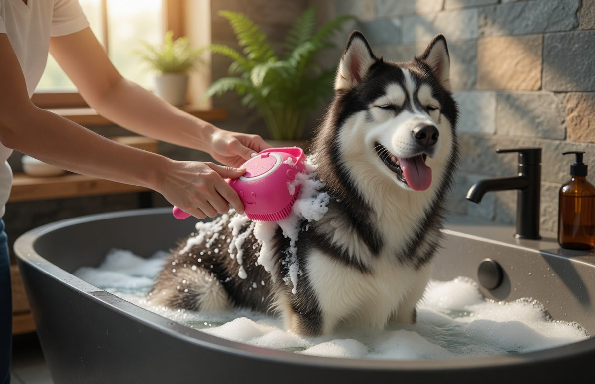 Brosse de massage & shampoing pour chien et chat – Silicone doux autonettoyant