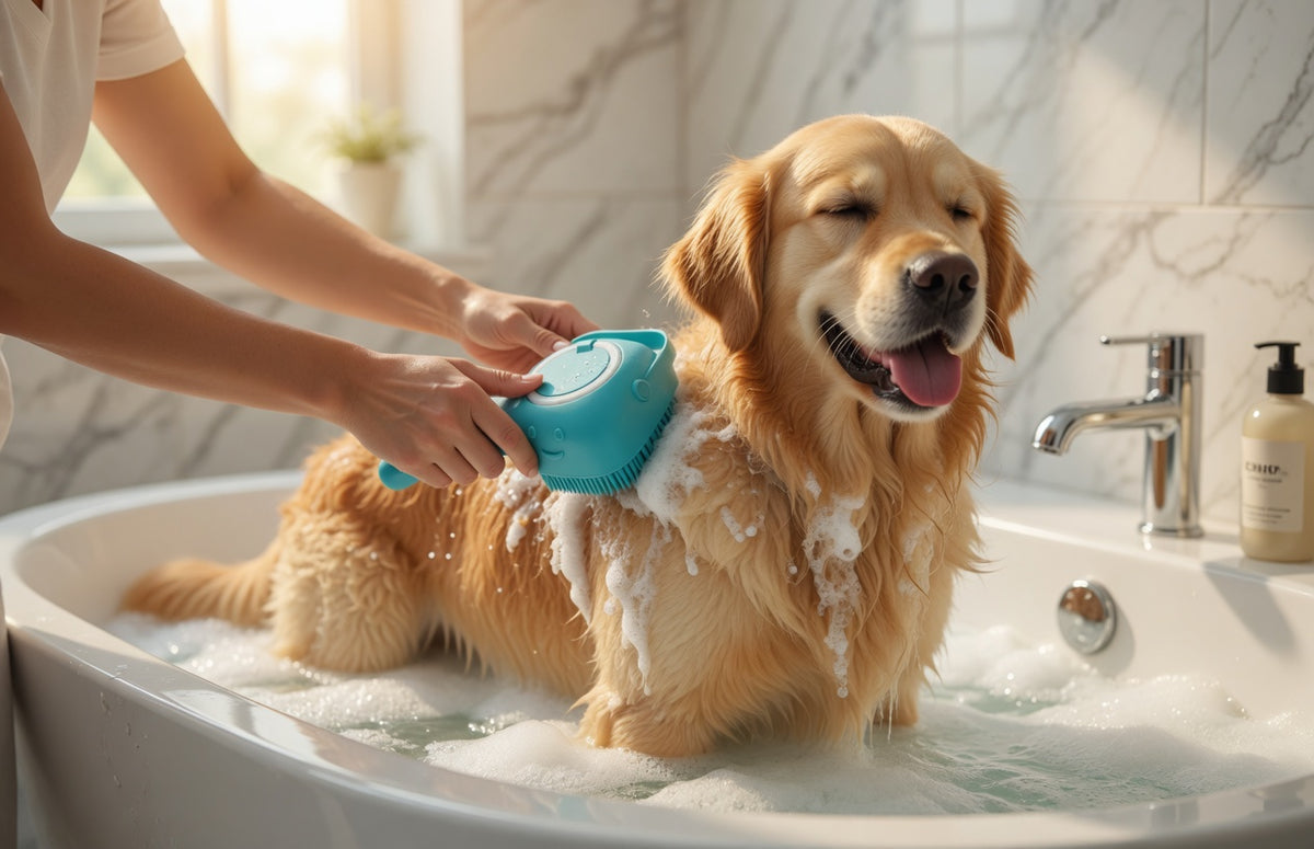 Brosse de massage & shampoing pour chien et chat – Silicone doux autonettoyant